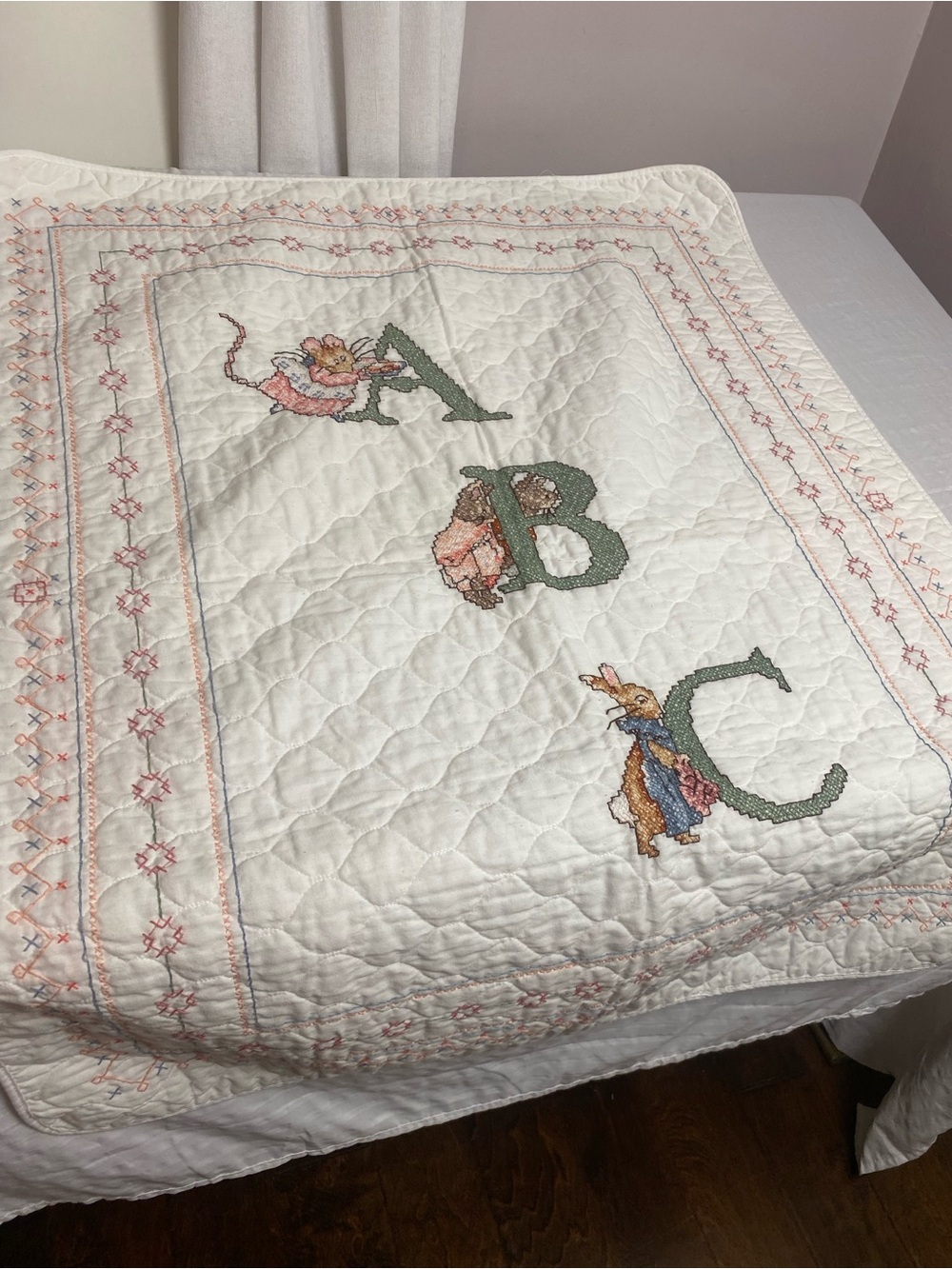 Embroidered ABC Quilted Baby Blanket - White with Green & Pink Details